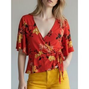 Old Navy Red Floral Wrap Top with Yellow And Pink Blooms